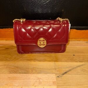 Red and Gold Quilted Crossbody Bag with Chain Strap